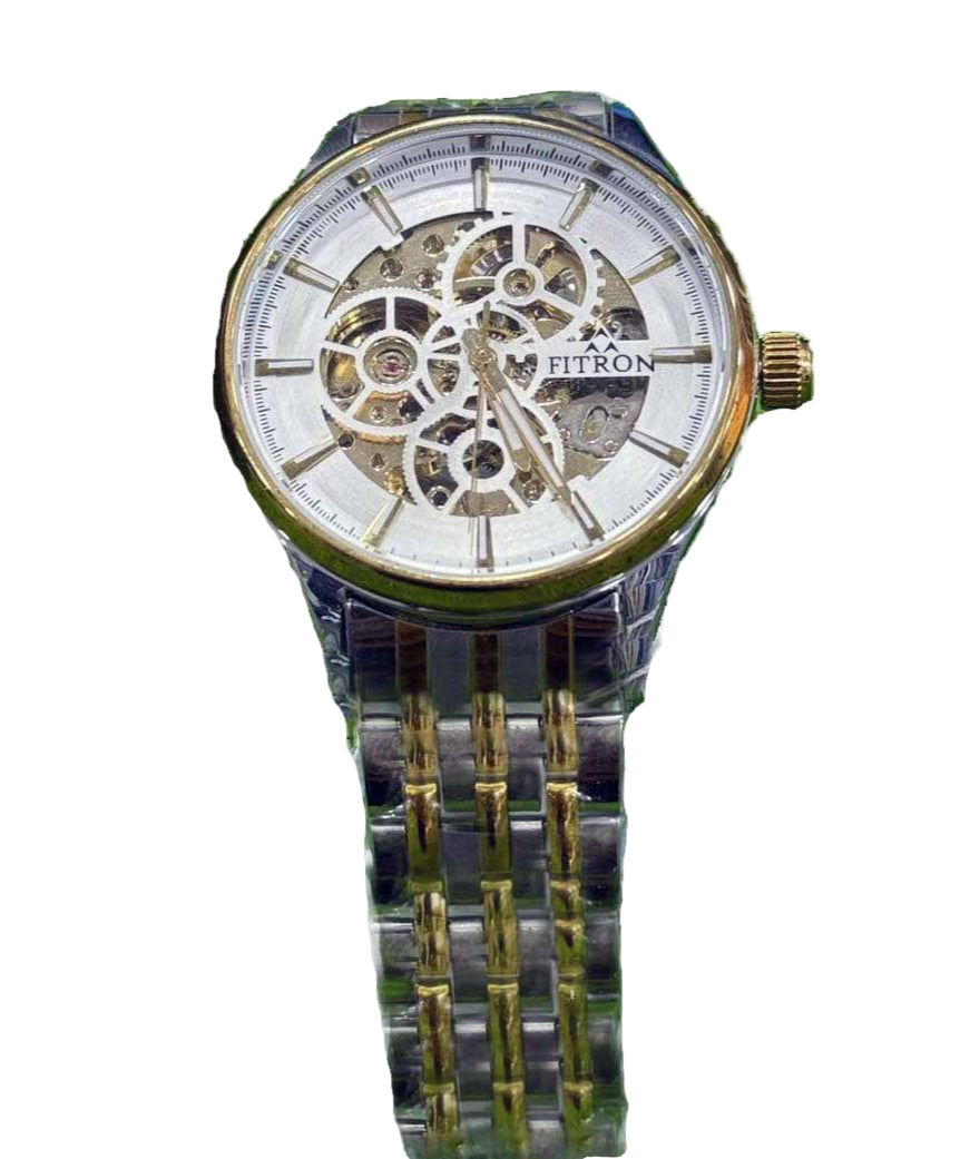 Fitron watch with a white face and metallic band on a white background