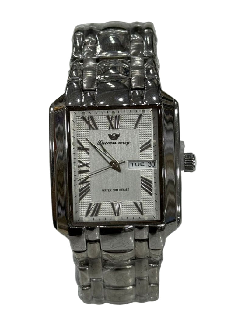Silver wristwatch with a detailed face on a white background