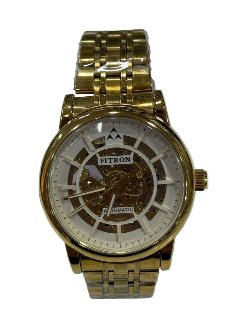 Gold wristwatch with visible brand name on a white background