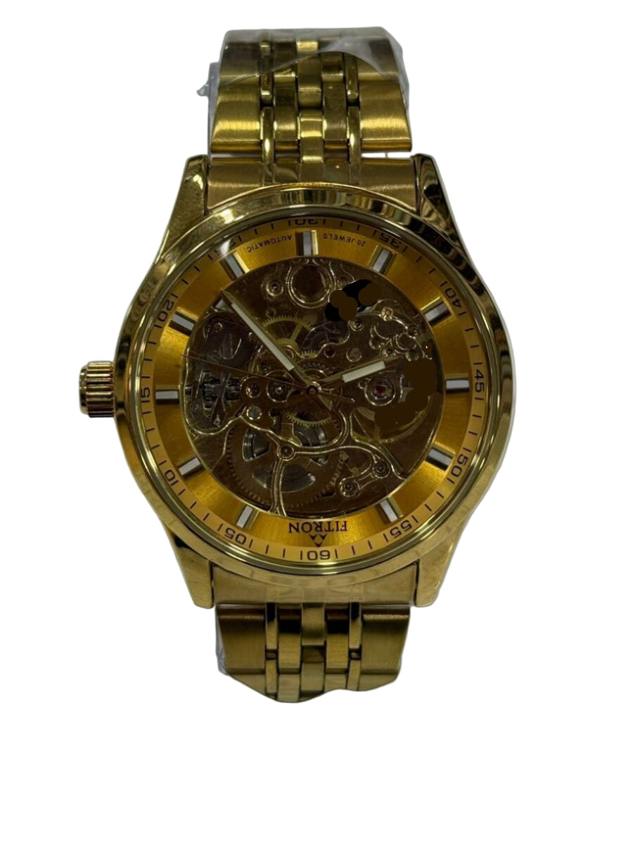 Gold wristwatch with a detailed mechanical face on a white background