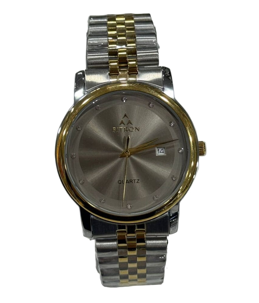 Two-tone watch with silver and gold band on a white background