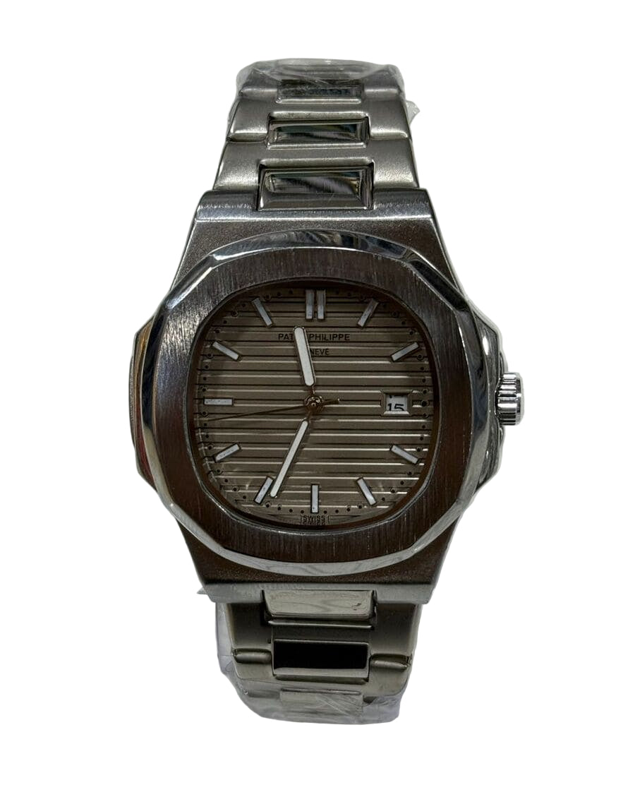 Silver watch on a clear stand with a white background