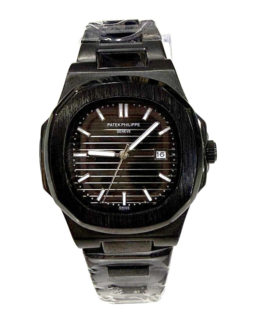 Patek Philippe watch with black face and band on a white background