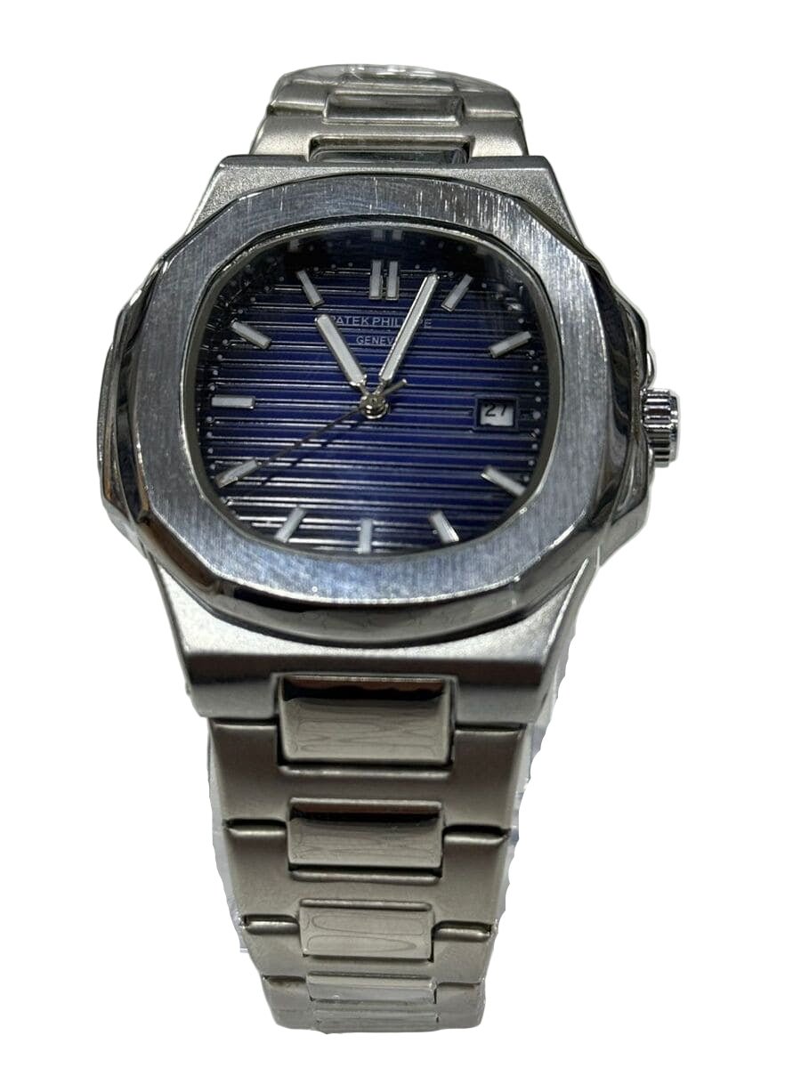 Silver watch with blue face on a light gray background