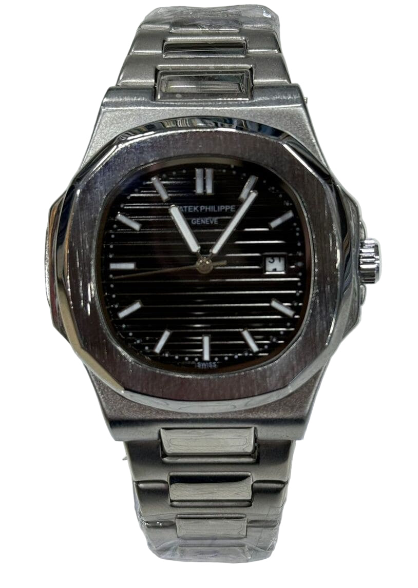Silver watch with black face on a white background