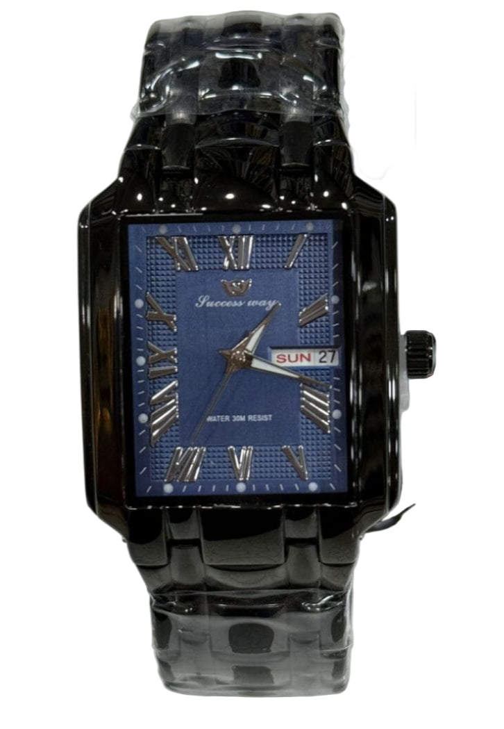 Black square wristwatch with blue face on a white background