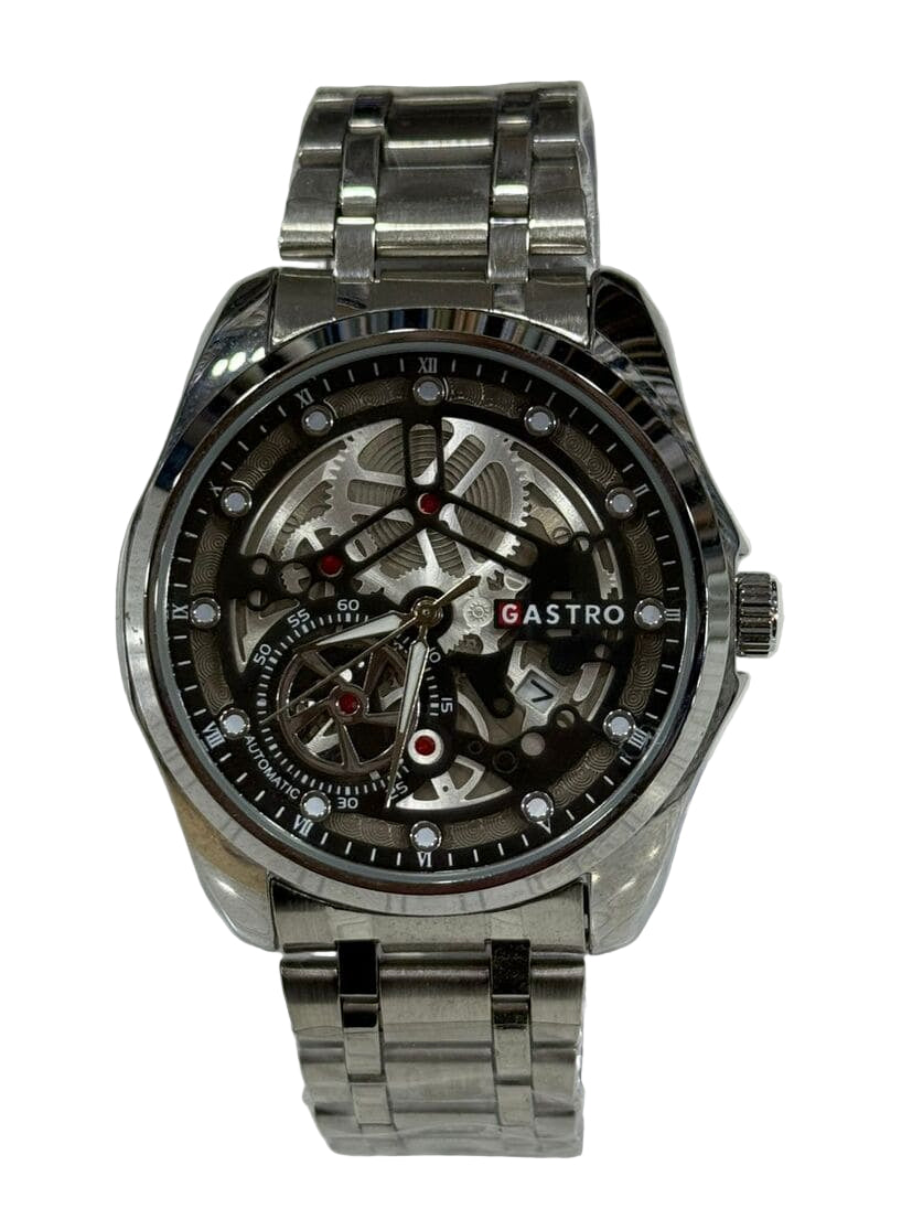 Silver wristwatch with a clear stand on a white background