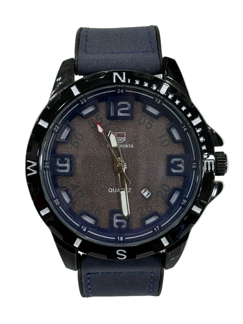 Wristwatch with blue strap and brown dial on a white background
