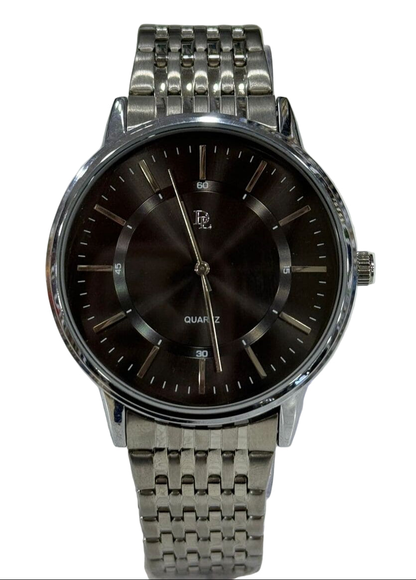 Silver watch with a black face on a white background